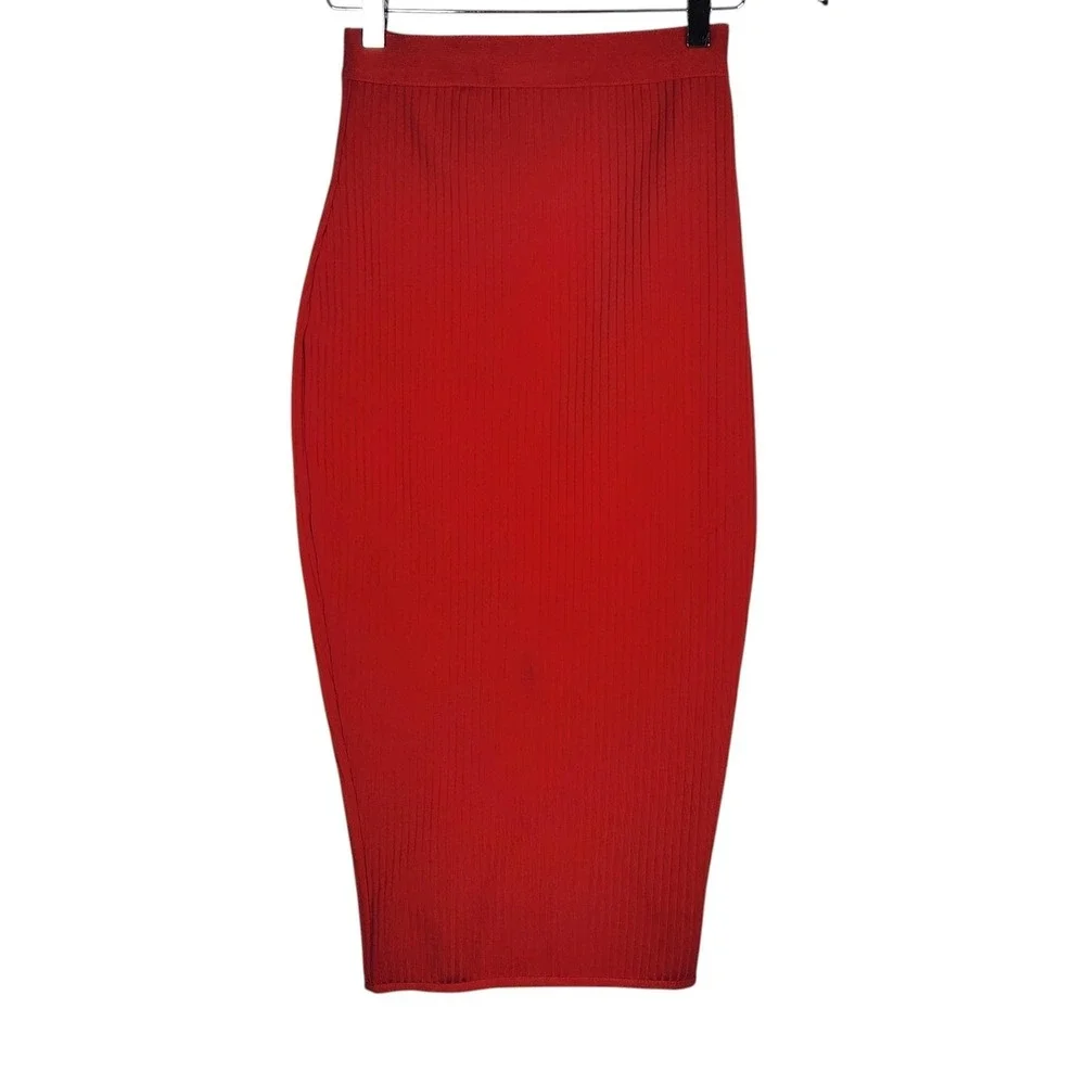 SUPERDOWN‎ Akeela Skirt Womens Small Red Ribbed Knit Midi Pencil Slit Zip